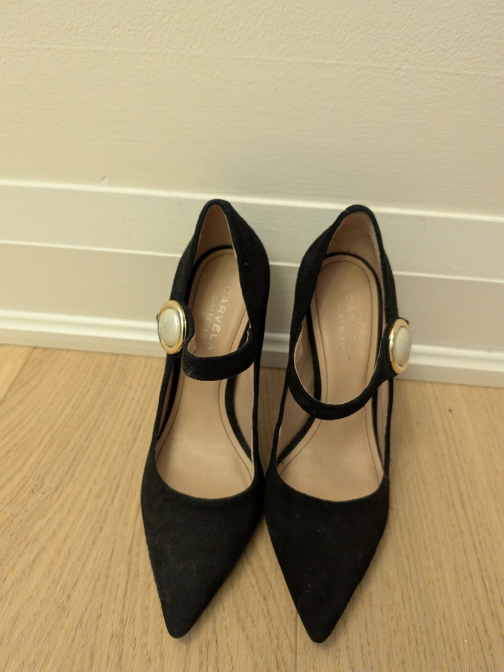 Black Suede Pointed Mary Jane Heels with Decorative Pearl Button